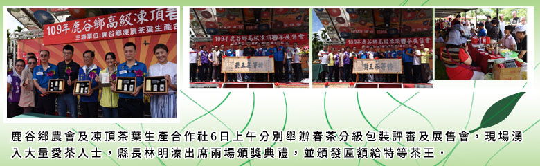 鹿谷鄉農會及凍頂茶葉生產合作社6日上午分別舉辦春茶分級包裝評審及展售會，現場湧入大量愛茶人士，縣長林明溱出席兩場頒獎典禮，並頒發匾額給特等茶王。