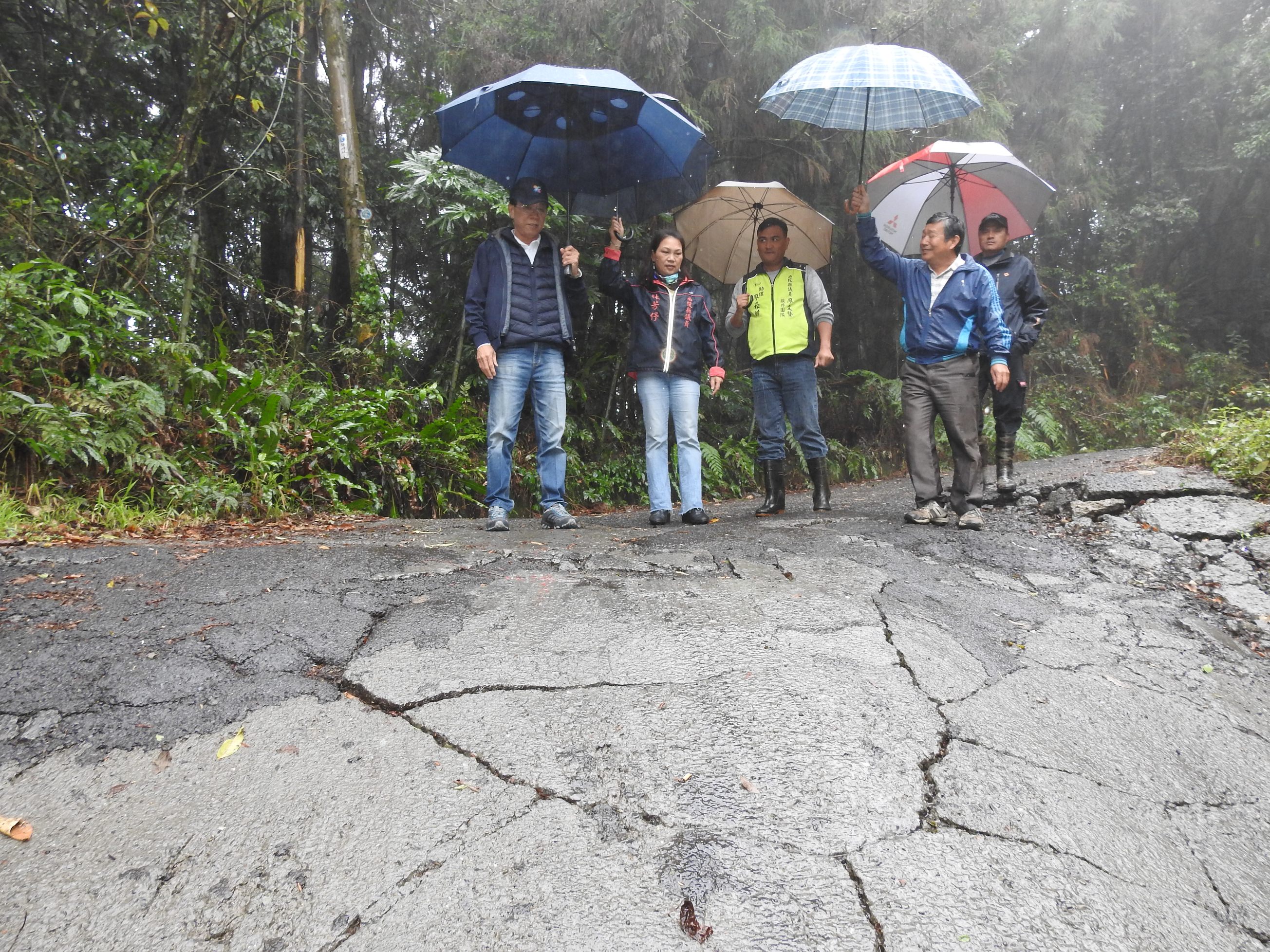 圖片-仁愛鄉梅峰通都達農路地滑 縣長冒雨會勘改善