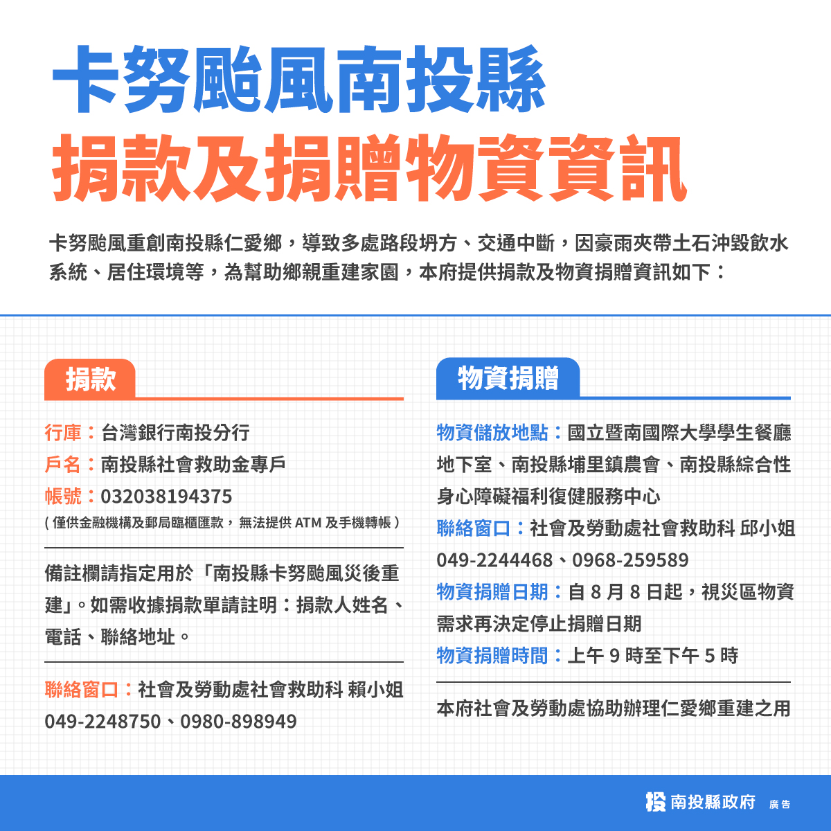 (開新視窗)連至 卡努颱風南投縣捐款及捐贈物資資訊 完整照片