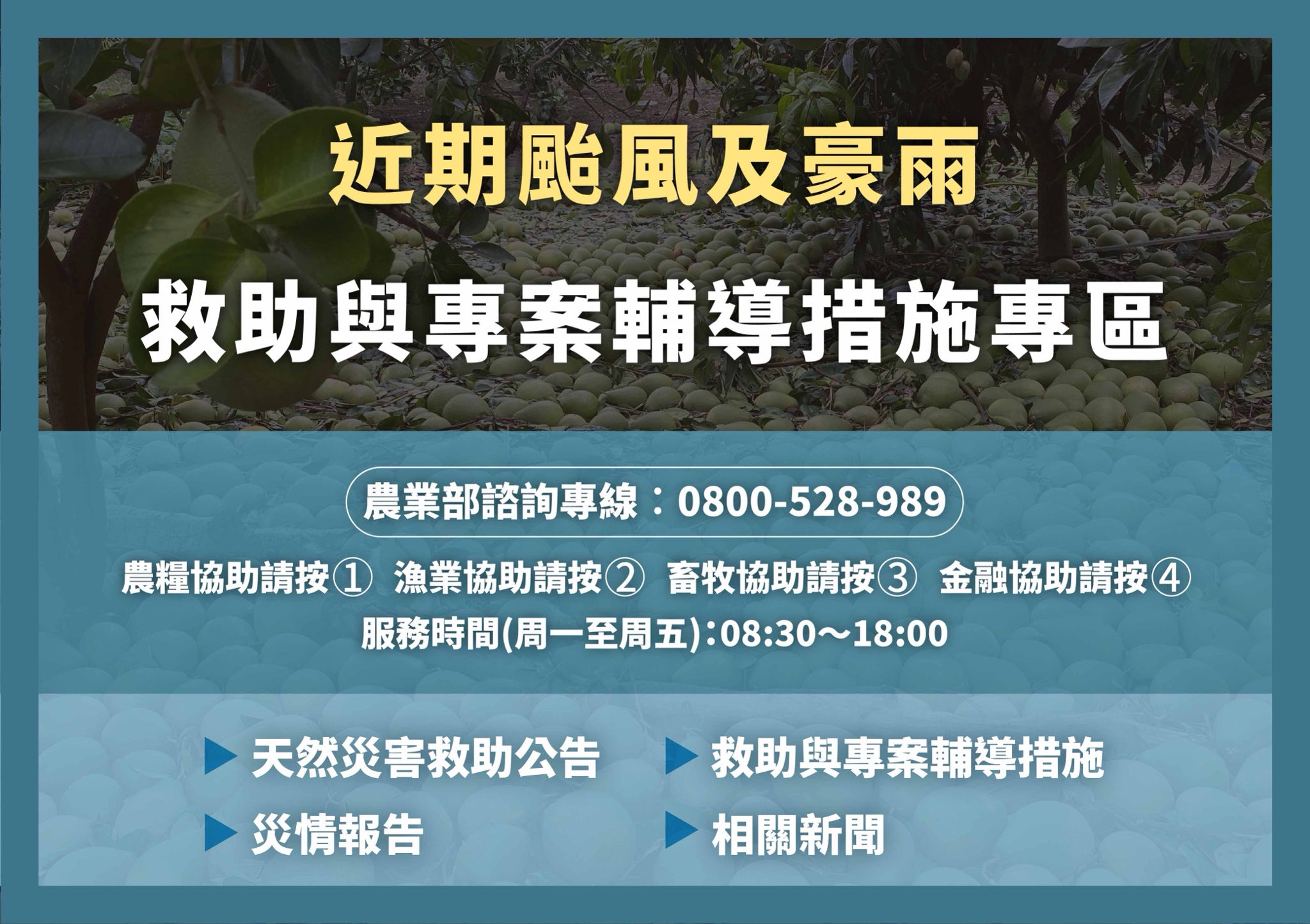 文章圖片-為提供即時且正確之農業天然災害後續重建之金融協助及產業輔導資訊，農業部設置諮詢專線，請農漁民、農企業多加利用