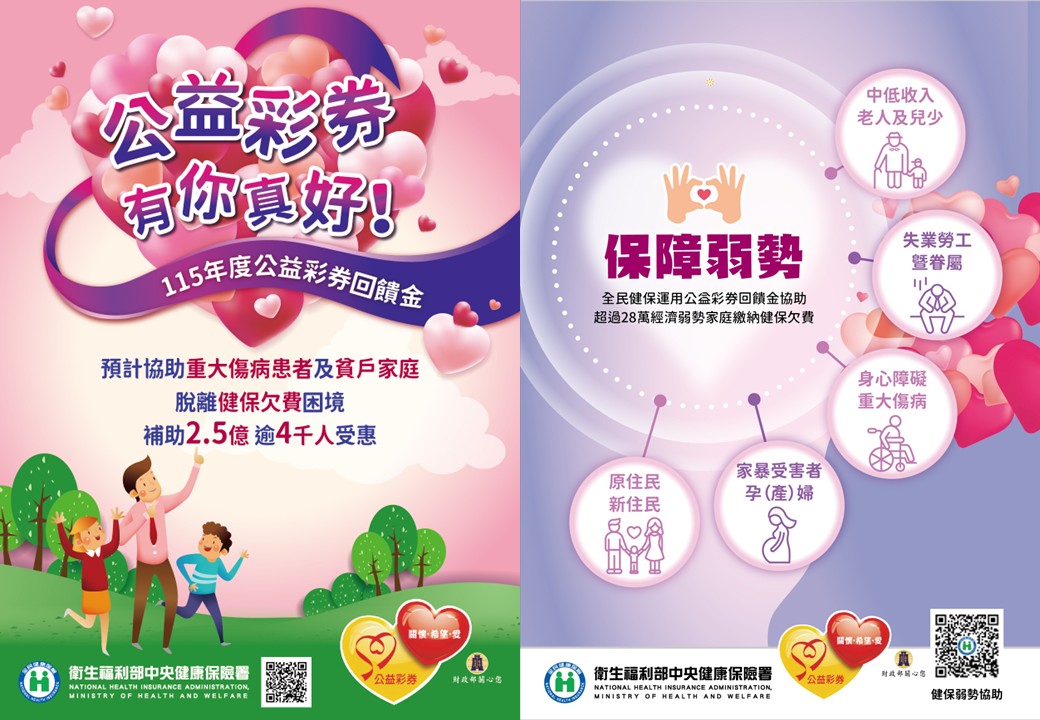 相關圖片2-轉知衛生福利部中央健康保險署為照顧弱勢民眾，製作「健保愛心專戶」、「台灣新住民健保守護您」、「公益彩券有你真好」海報，請參閱並多加利用。
