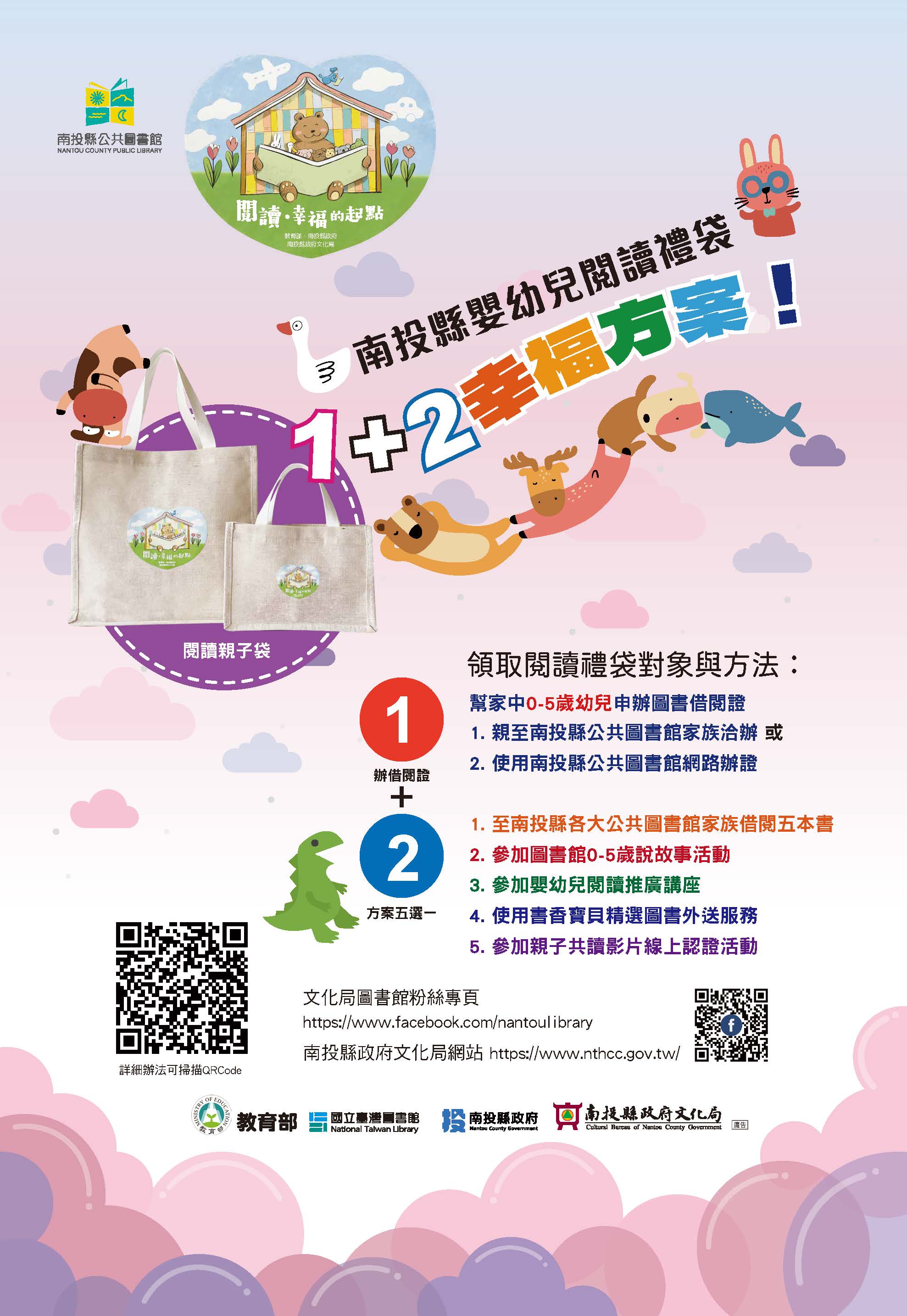 文章圖片-歡迎家長至各鄉鎮市立圖書館①辦證+②借閱5本圖書或參與0-5歲活動(擇一即可)，即可領取乙份嬰幼兒閱讀禮袋（含隨機適齡圖書1冊、手冊1本）!