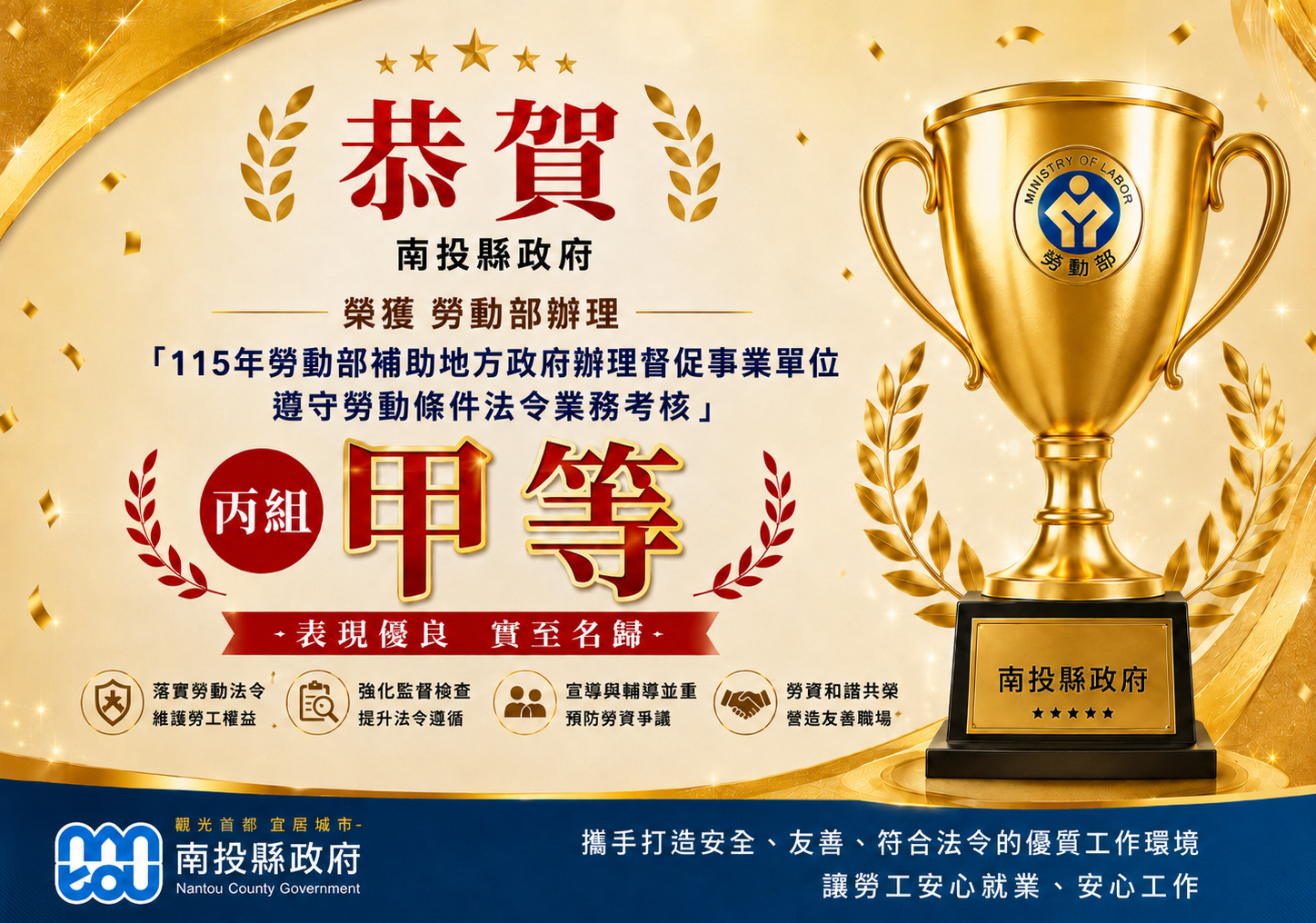 圖片-本縣榮獲勞動部補助辦理督促事業單位遵守勞動條件法令業務考核丙組甲等佳績