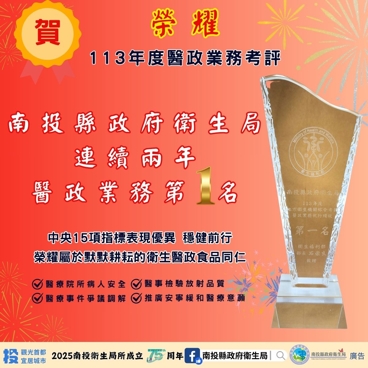 圖片-賀! 南投縣政府衛生局榮獲衛生福利部 「113年地方衛生機關業務~醫政業務第一名」