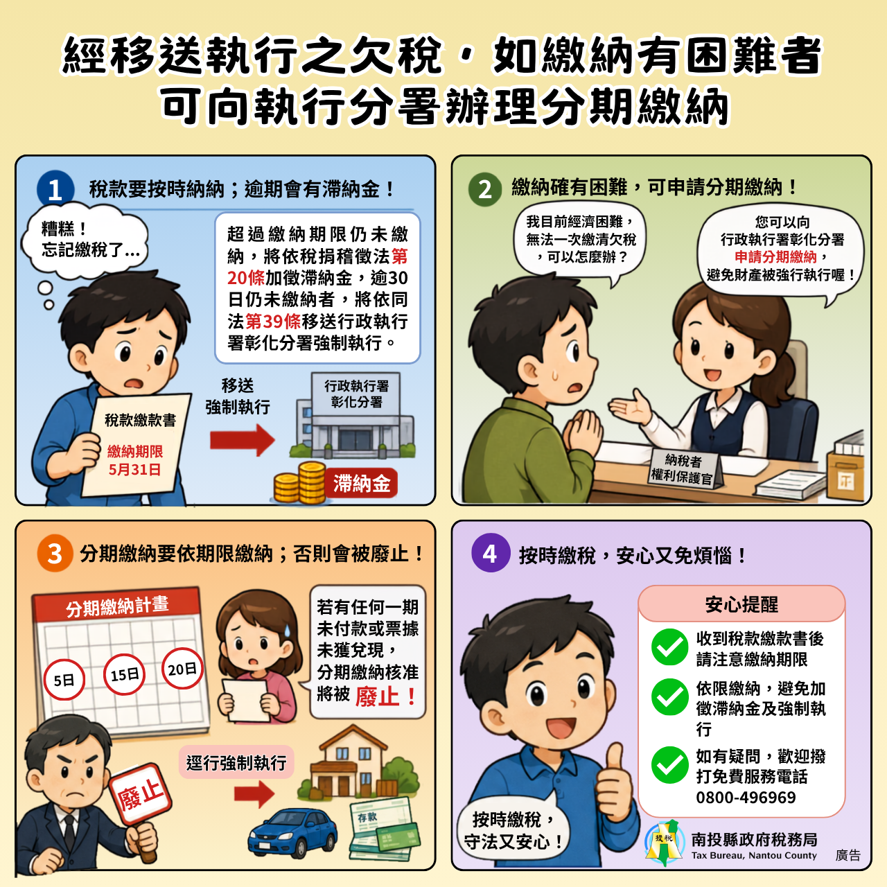圖片-經移送執行之欠稅，繳納確有困難者可向執行分署辦理分期繳納