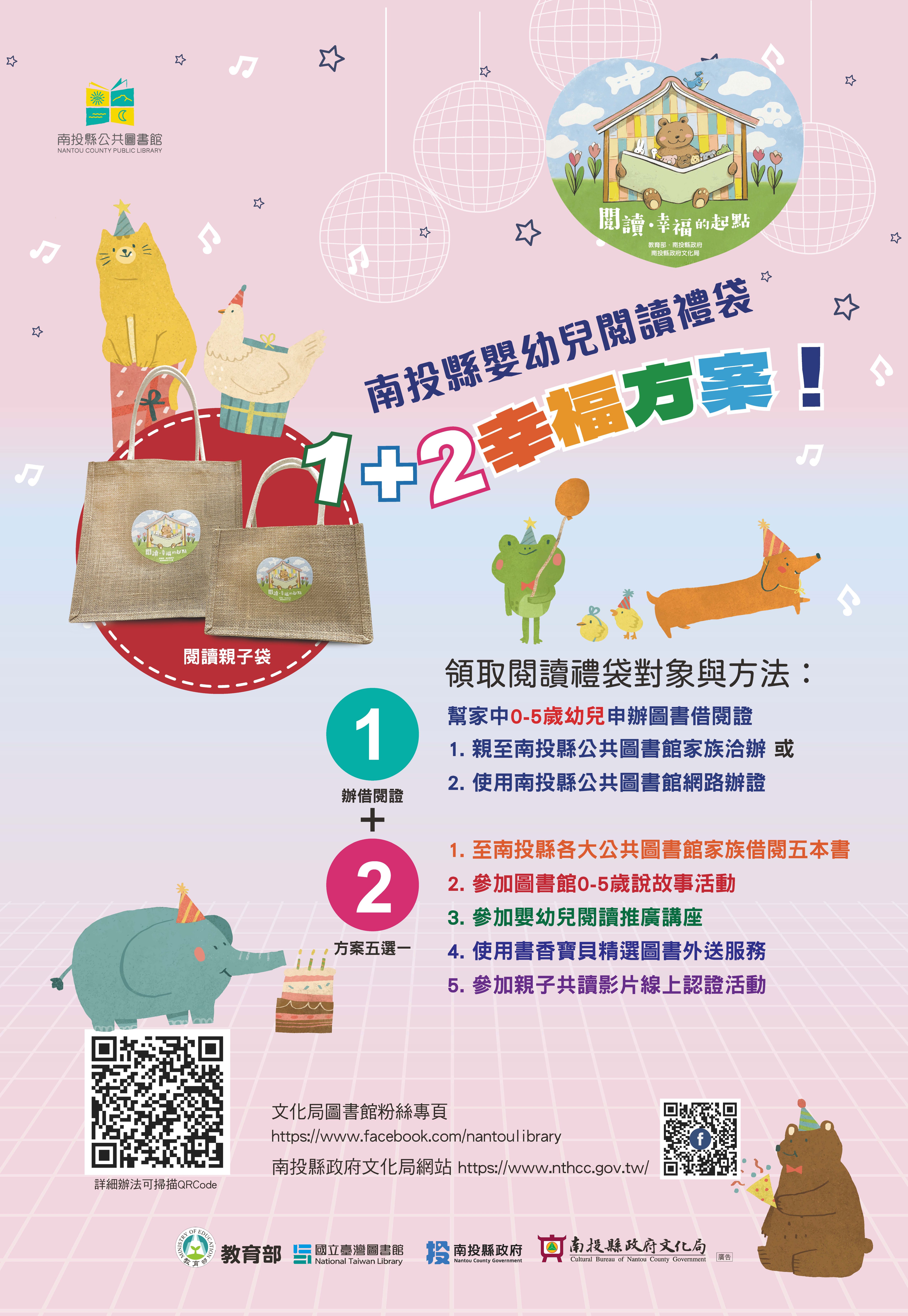 文章圖片-歡迎家長至各鄉鎮市立圖書館①辦證+②借閱5本圖書或參與0-5歲活動(擇一即可)，即可領取乙份嬰幼兒閱讀禮袋（含隨機適齡圖書1冊、手冊1本）!